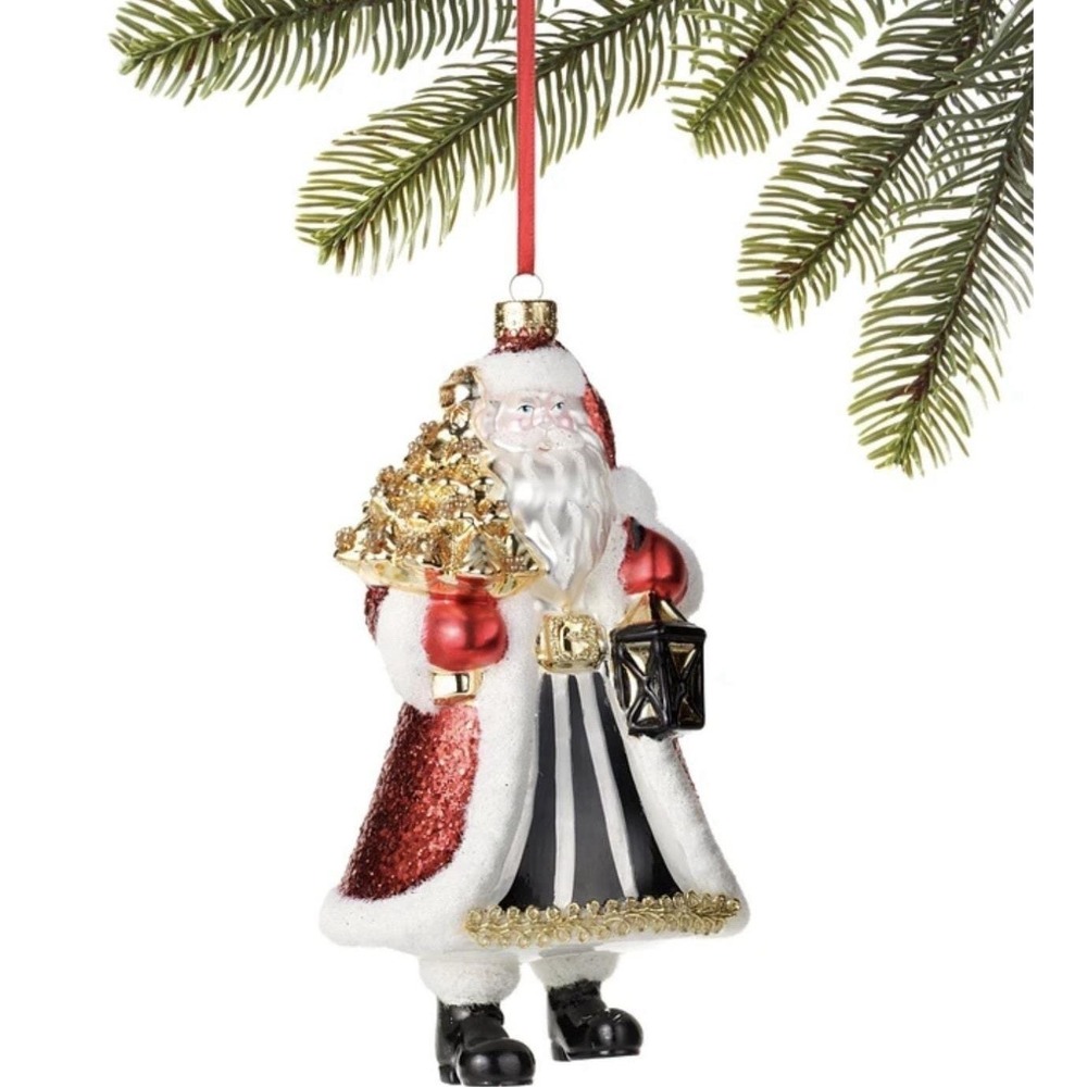Macy's Holiday Lane Royal Holiday Black Red Santa Glass Ornament w/Tag 6"